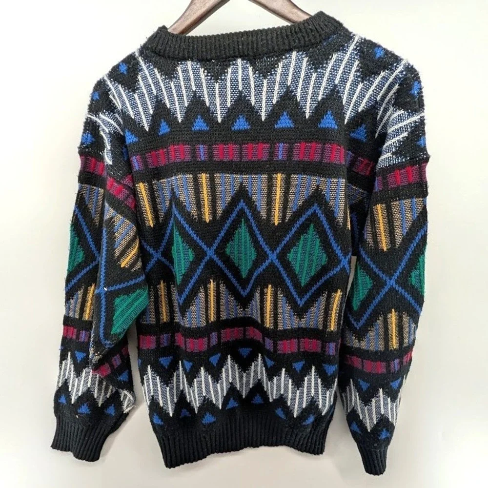 Vintage‎ 80s 90s Graphic Knit Sweater Leather Applique Grandpacore Coogi Style M